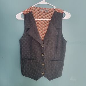 BKE Vest Gray Sheer Back Button up Orange Chevron Small